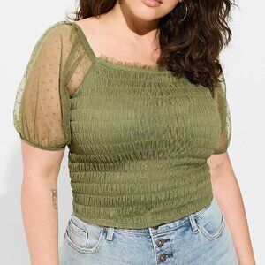 TORRID Dot Mesh Olive Square Neck Smocked Crop Top
